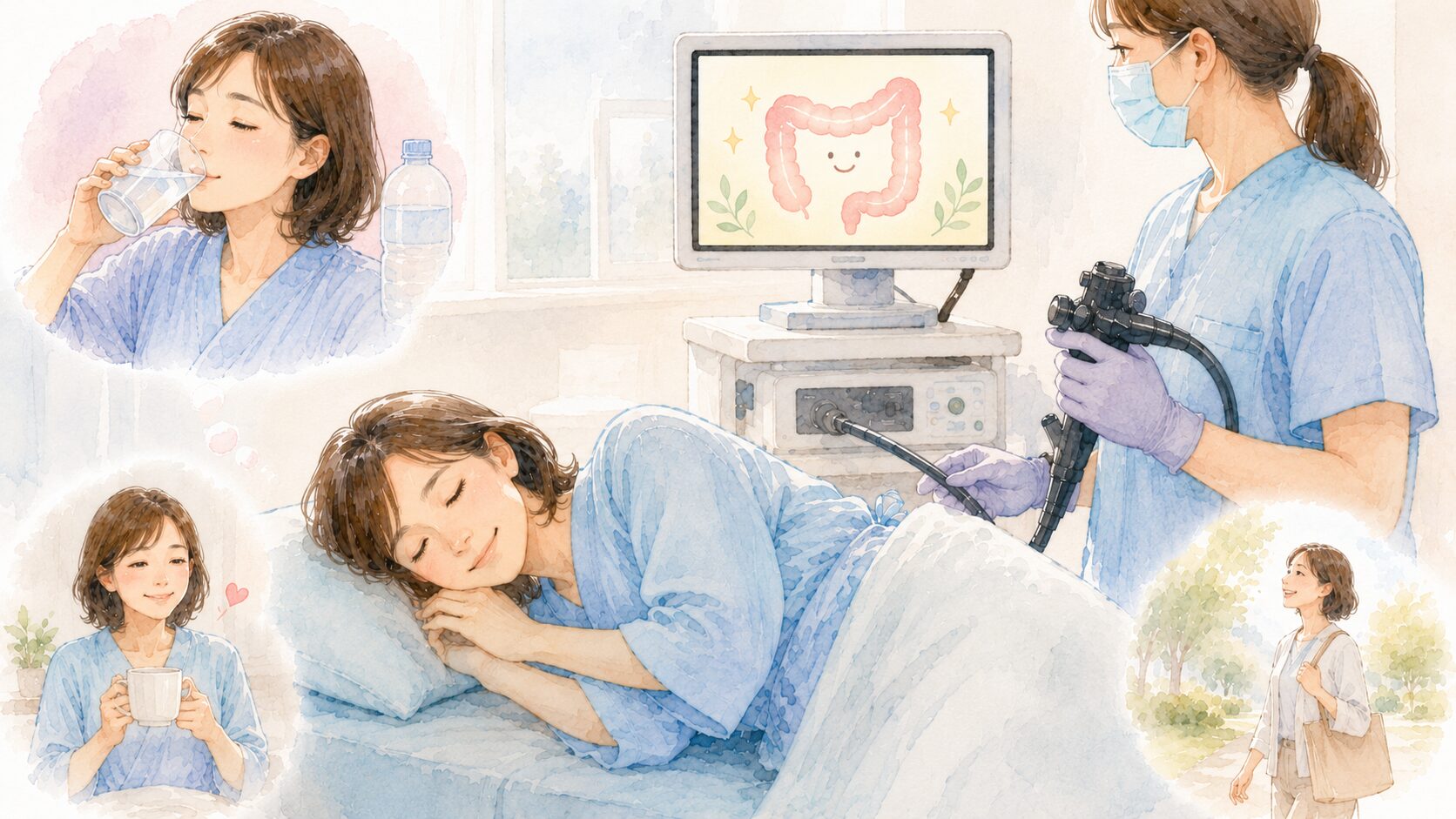 40代女性が初めて大腸カメラを受ける体験を表したイラスト
