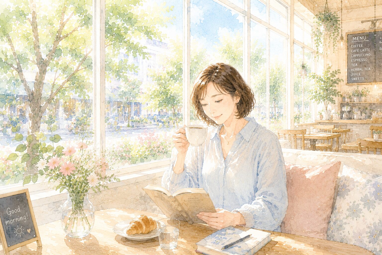 窓から緑が見えるカフェのソファ席でコーヒーを飲みながら読書する女性のイラスト