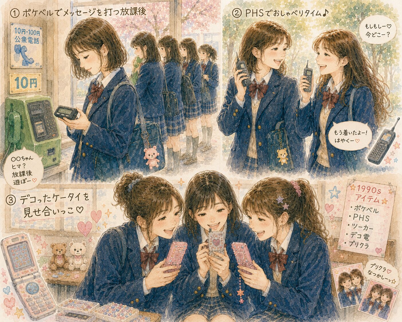 公衆電話でポケベルを打つ・PHSで通話する・デコ電を見せ合う、1990年代の女子高生を描いた水彩画イラスト