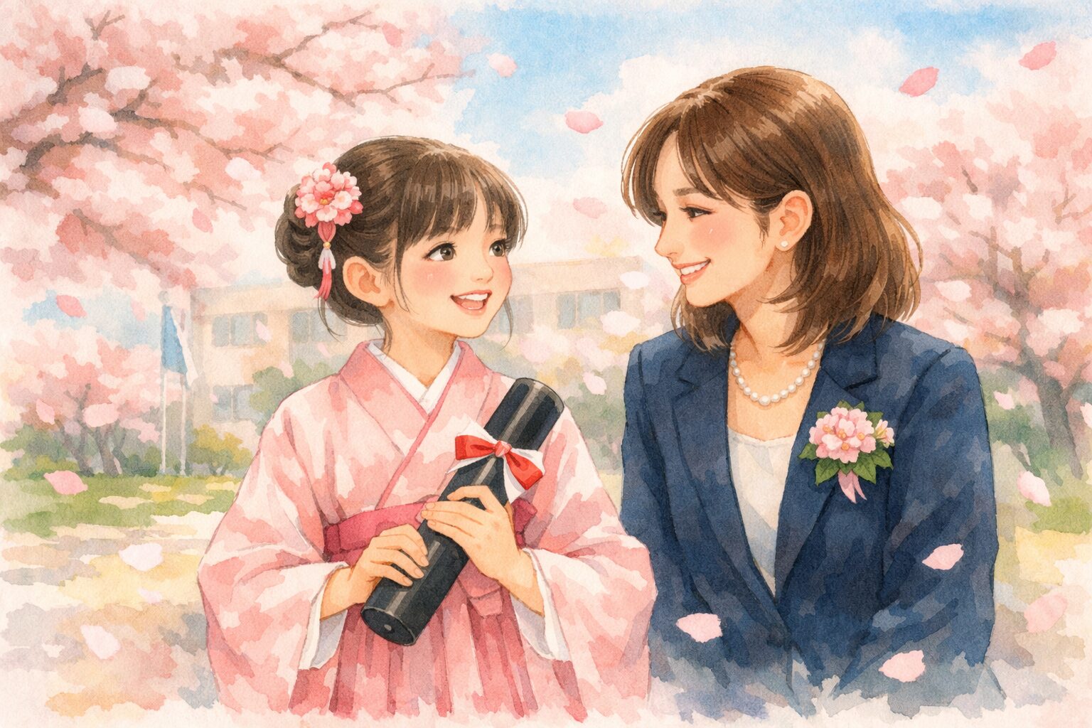 娘の小学校卒業式で袴を着た体験談のイラスト
